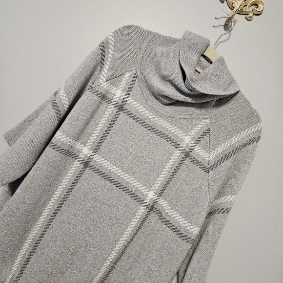 LOFT Gray Checkered Cowl Neck Sweater Poncho - Picture 1 of 5